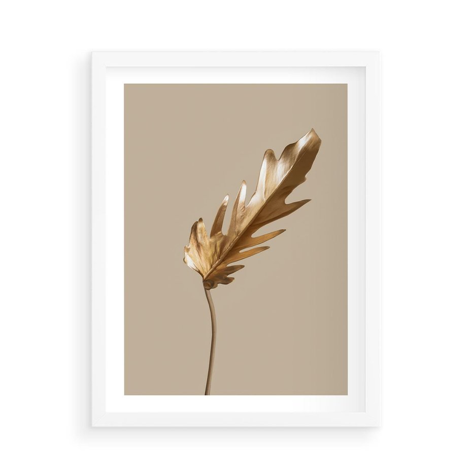Plakat w ramie 50x70 - Piękno w Detalu - złoty, liść - rama biała