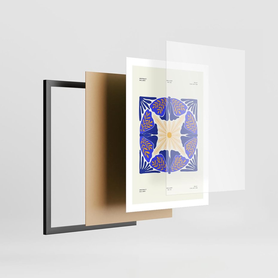 Plakat w ramie 50x70 - Księga Abstrakcji - abstrakcyjna boho kompozycja, granatowe ćmy - rama czarna