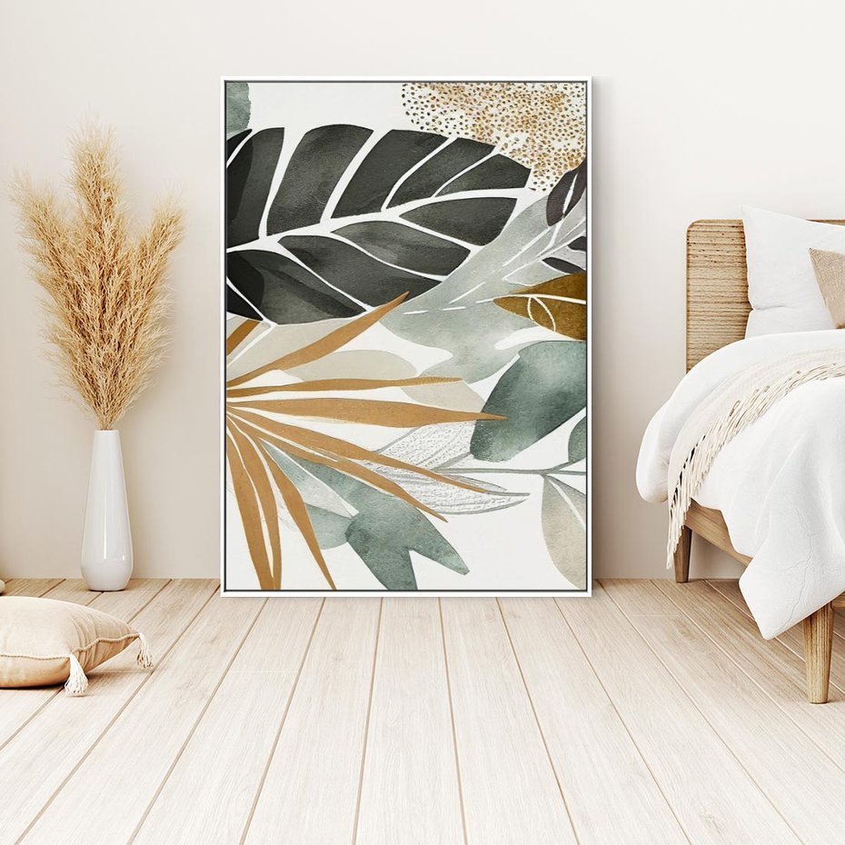 Obraz w ramie 70x100 - Współbrzmienie wewnętrznego ja - kompozycja z tropikalnych liści, stonowane kolory - rama biała