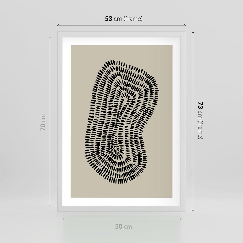 Plakat w ramie 50x70 - Nowoczesne Odbicia Wnętrza - boho plakat, czarne kropki kreski - rama biała