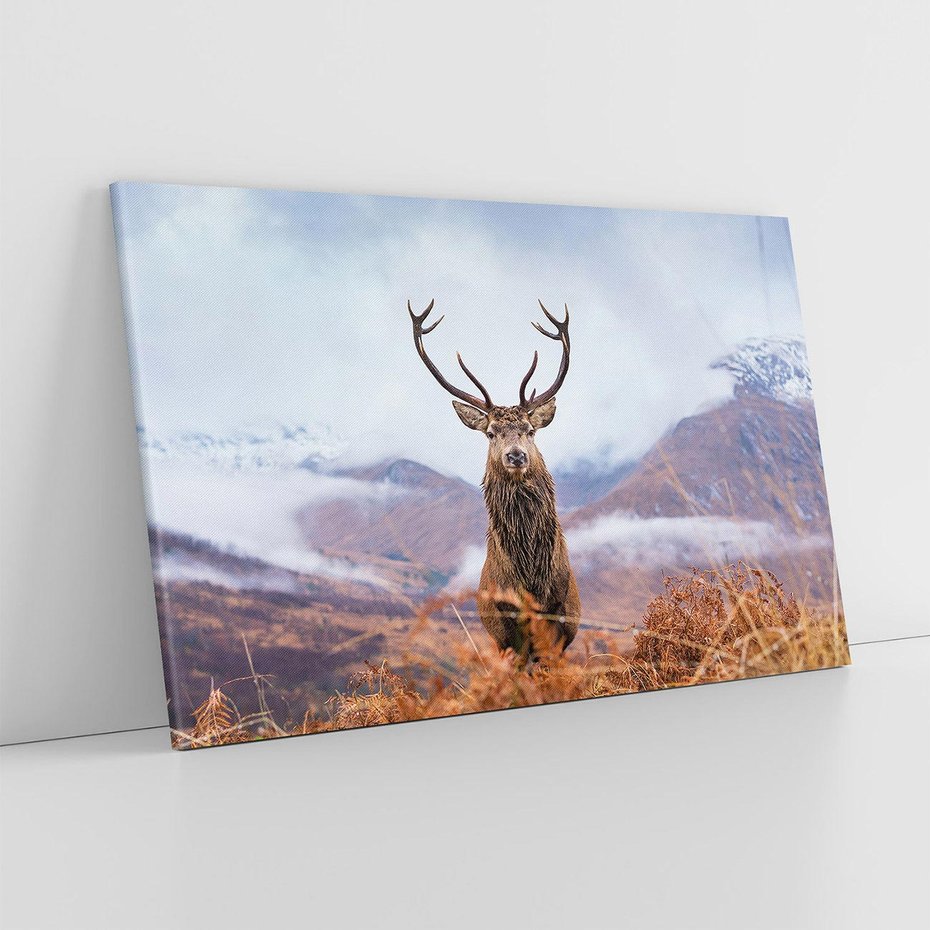 Obraz na płótnie 120x80 - Jeleń w Uśpionym Krajobrazie - jeleń na tle gór, ośnieżone góry