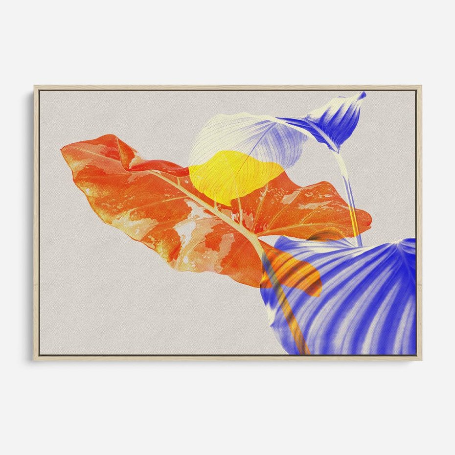 Obraz w ramie 100x70 - Energetyczne Indygo - retro, tropikalne liście - rama drewno