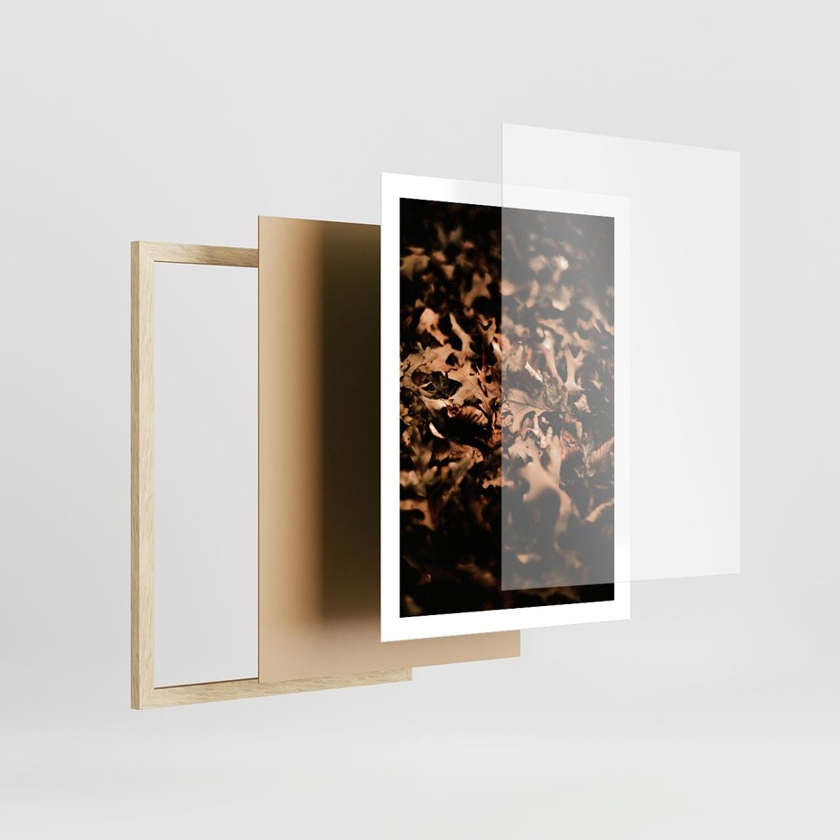 Plakat w ramie 50x70 - Jesienne Liście: Nostalgiczna Kolorystyka - suche liście, jesień - rama drewno