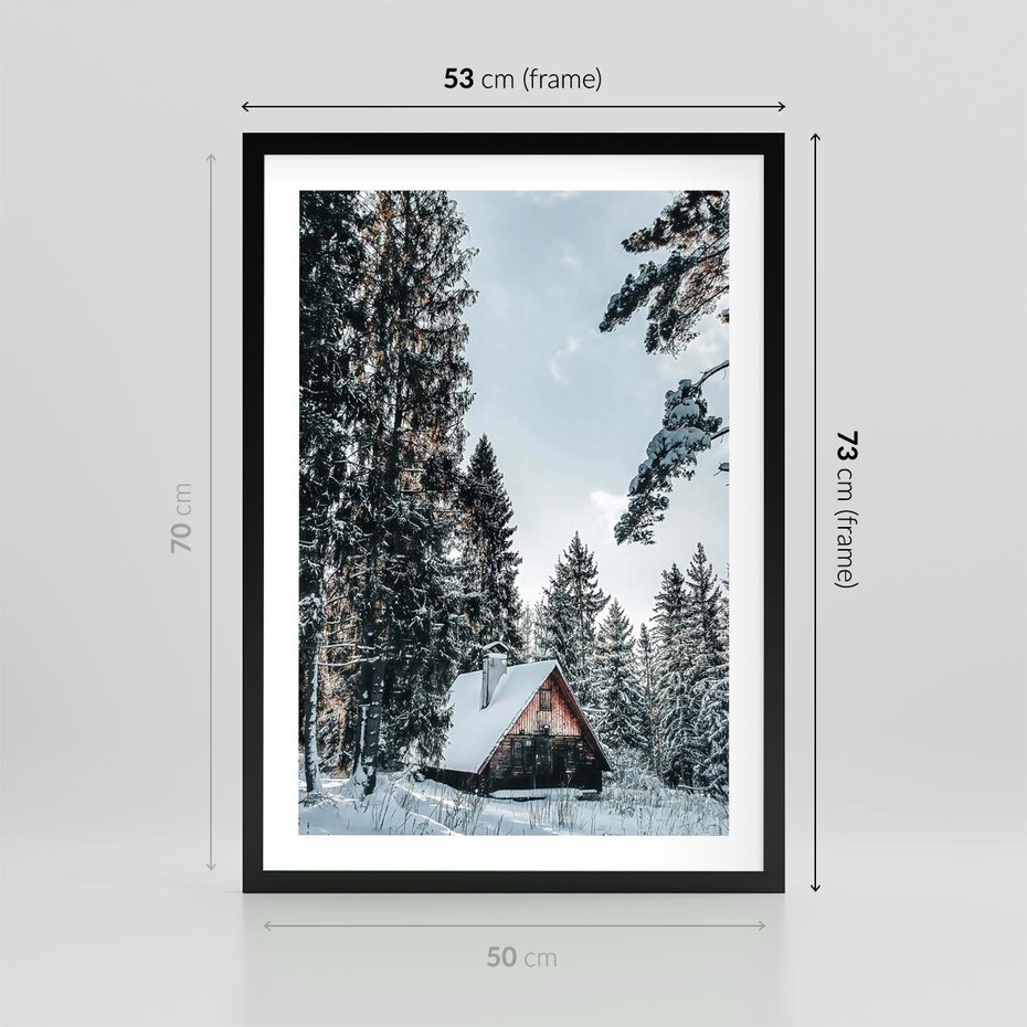 Plakat w ramie 50x70 - Górska Uroda Zimą: Dom w Śniegu - domek w górach, zima - rama czarna