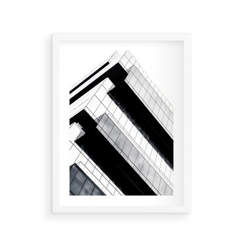 Plakat w ramie 50x70 - Nowoczesna Surowość: Wieżowiec na Czarno-Białej Grafice - architektura, wieżowiec - rama biała
