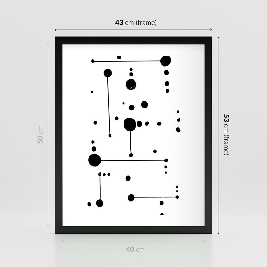 Plakat w ramie 40x50 - Nocne Zawirowania - abstrakcyjny plakat, czarne kropki i kreski - rama czarna