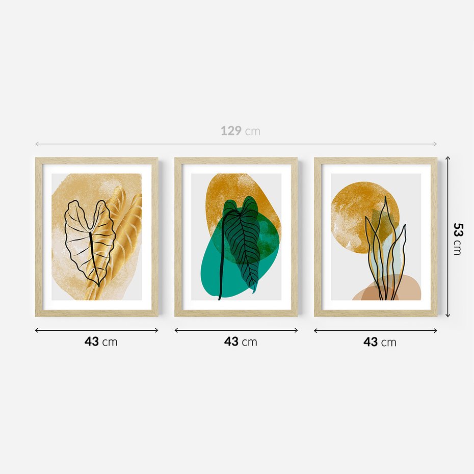 Zestaw obrazy w ramie 40x50 galeria - Złote, liście, monstera, akwarela - rama drewno