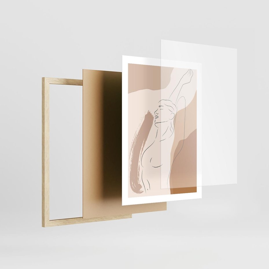 Plakat w ramie 50x70 - Sztuka Nagiej Formy - szkic nagiej kobiety, kolory beżowe - rama drewno
