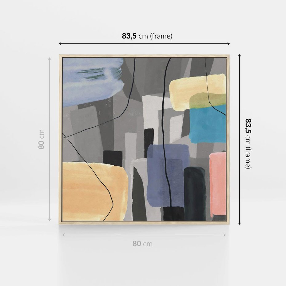 Obraz w ramie 80x80 - Harmonia w chaosie serca - abstrakcja na szarym tle, kolorowe plamy koloru - rama drewno
