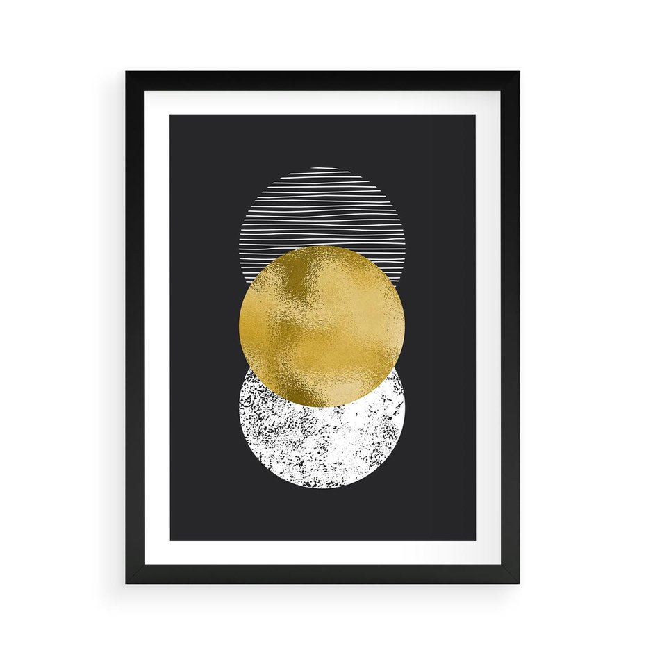 Plakat w ramie 50x70 - Geometryczna Perfekcja: Złote Koło - geometryczna grafika, złote koło - rama czarna