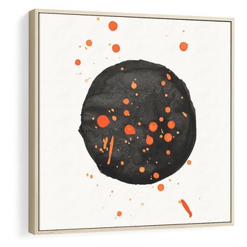 Obraz w ramie 50x50 - Impulsy Kreatywności - abstrakcyjna czarna plama, rozsiane pomarańczowe kropki - rama drewno