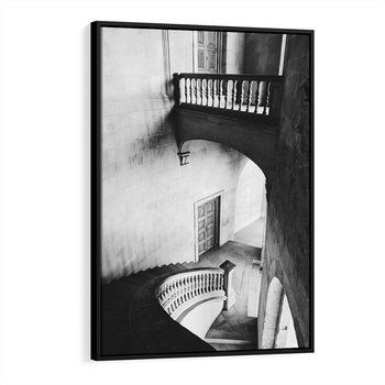 Obraz w ramie 70x100 - Po Schodach w Dół - czarno białą fotgrafia, zakręcone schody w starek kamienicy - rama czarna