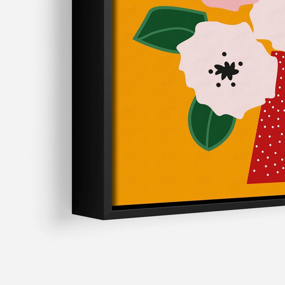 Obraz w ramie 50x50 - Harmonijne Granice - abstrakcyjne kwiaty, żółte tło - rama czarna