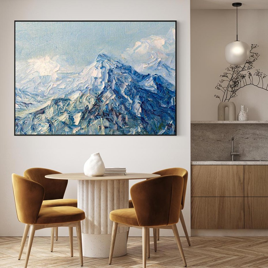 Obraz w ramie 100x70 - Majestat Błękitnych Szczytów - olejny obraz, górski pejzaż - rama czarna