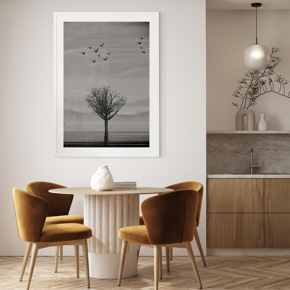 Plakat bez ramy 30x40 - Samotne Drzewo - samotne drzewo w polu, czarno białe zdjęcie