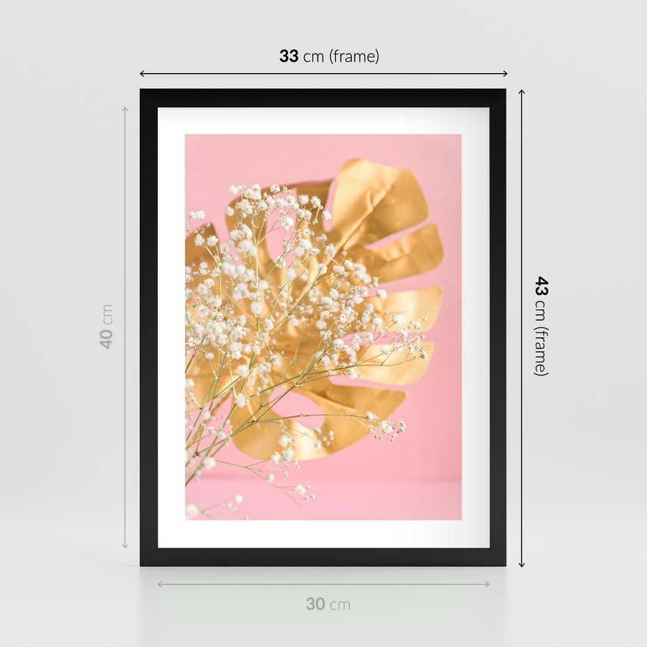 Plakat w ramie 30x40 - : Elegancja w Złocie - złote, liście - rama czarna