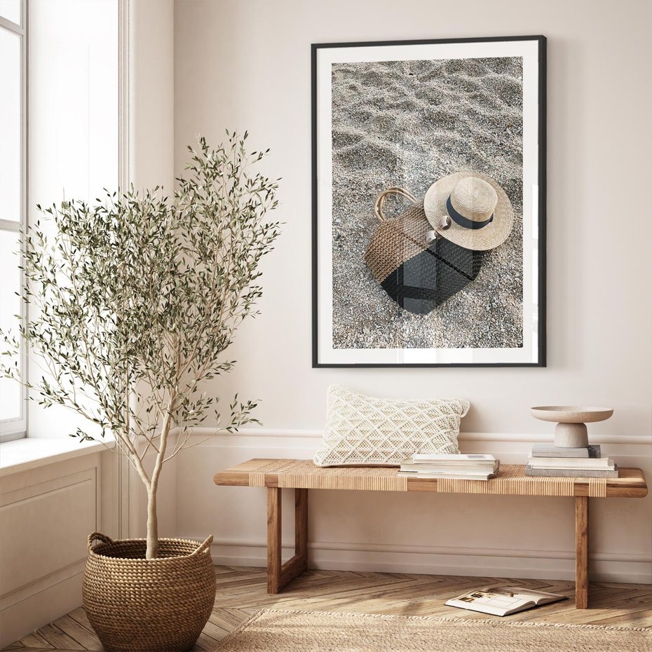 Plakat bez ramy 30x40 - Plażowe Przygotowania - torba plażowa, kapelusz