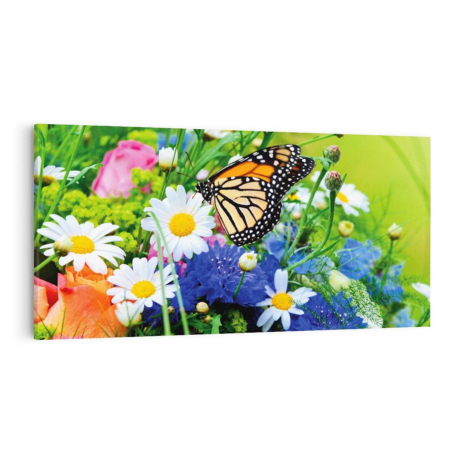 Obraz na płótnie 140x70 - Kwiatowy Taniec - motyl, kwiaty