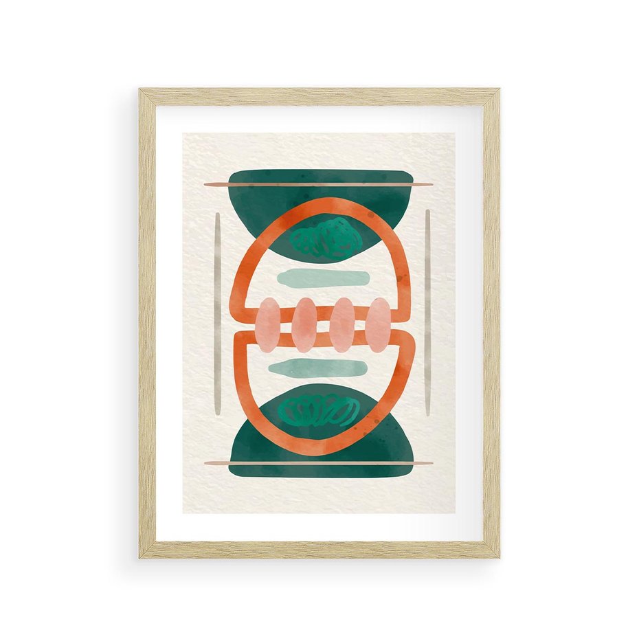 Plakat w ramie 30x40 - Oryginalny obraz abstrakcyjny w nowoczesnym stylu. Geometryczne akwarelowe kształty w intensywnych odcieniach zieleni i pomarańczu. Doskonała dekoracja dla miłośników sztuki. - abstrakcyjny obraz, sztuka nowoczesna - rama drewno