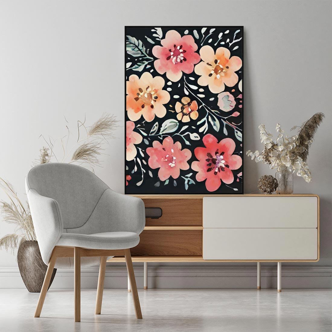 Obraz w ramie 70x100 - Labirynty melancholii - akwarelowe, pastelowe kwiaty na czarnym tle - rama czarna