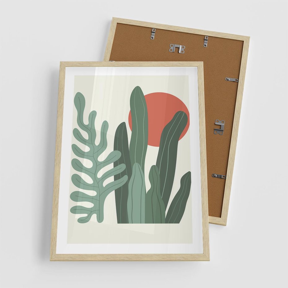 Plakat w ramie 50x70 - Graficzna Harmonia: Liście i Rośliny na Plakacie - liście, grafika - rama drewno