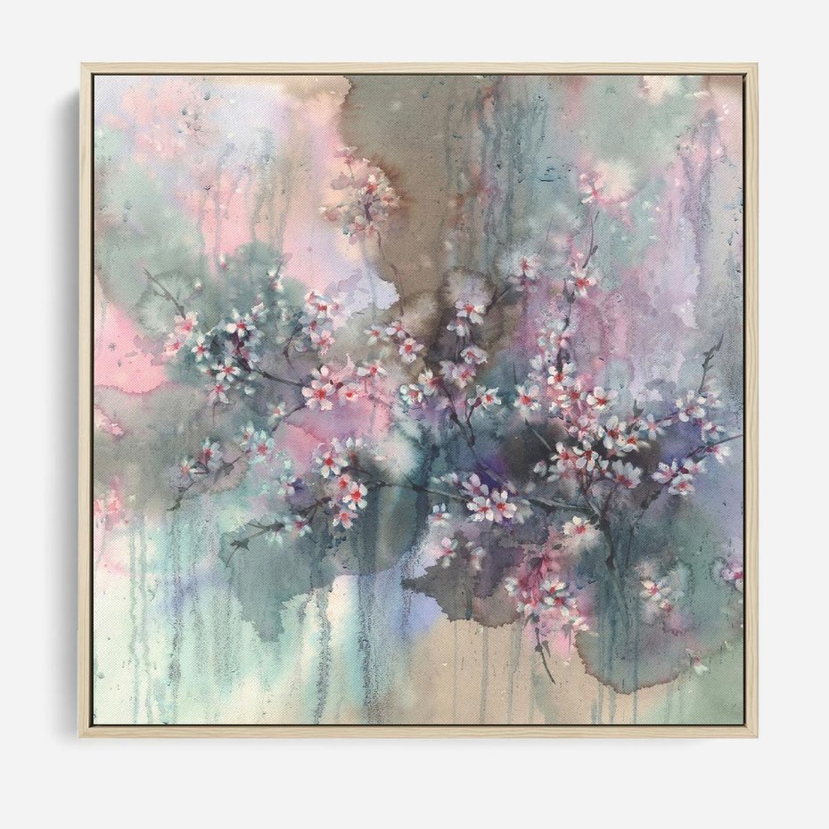 Obraz w ramie 80x80 - Efemeryczne Kwitnienie Drzew - akwarela, rozmyte pastelowe tłó - rama drewno
