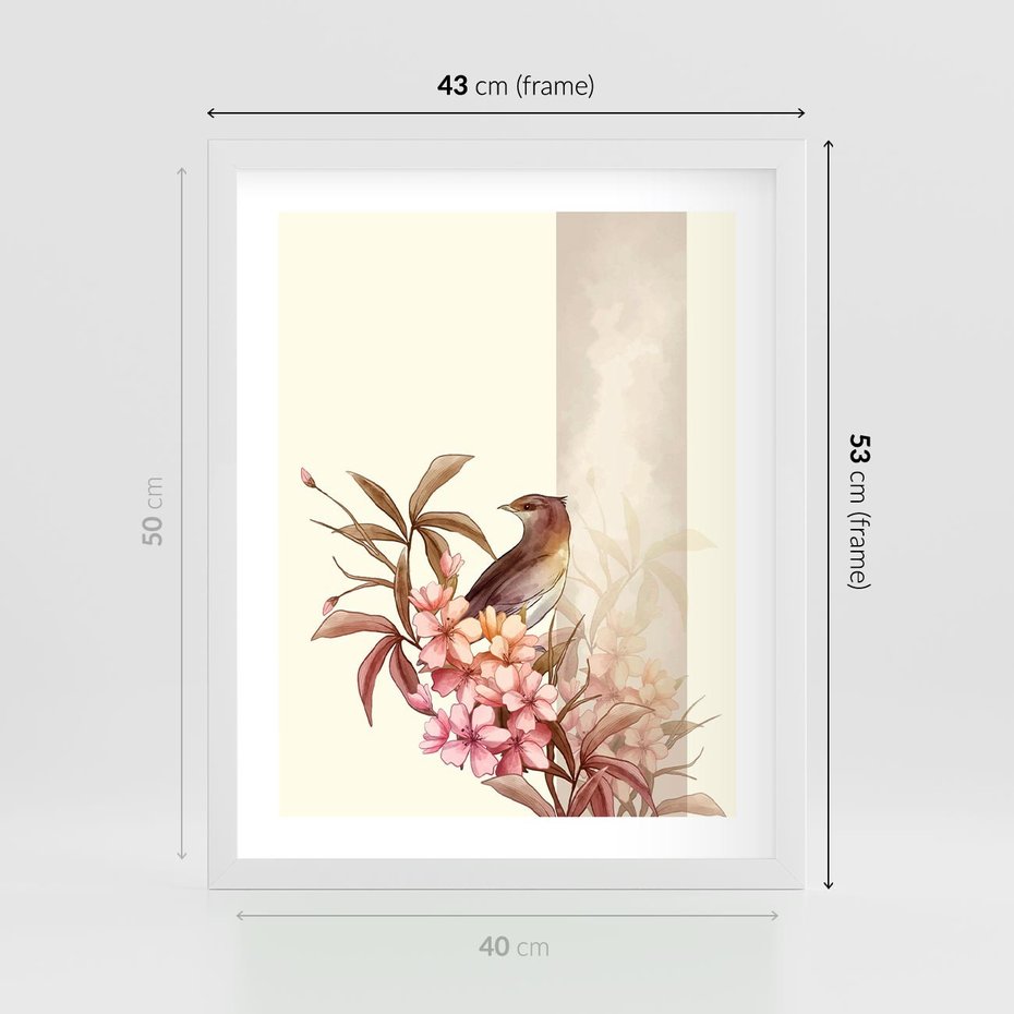 Plakat w ramie 40x50 - Kwiatowe Zanurzenie - japońska sztuka, ptak - rama biała