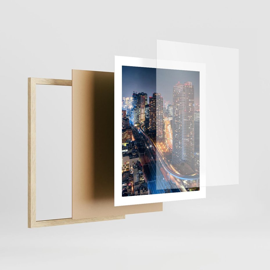 Plakat w ramie 40x50 - Miasto nocą z wieżowcami w tle - miasto, nocą - rama drewno