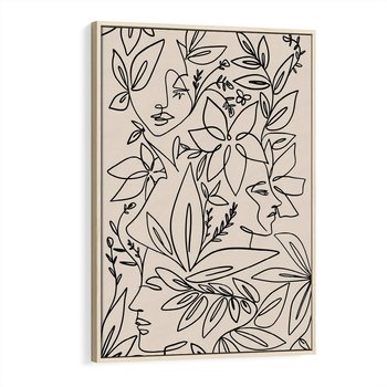 Obraz w ramie 70x100 - Kobiecy Portret Duszy - beżowe tło, czarny szkic nowoczesnych kwiatów - rama drewno
