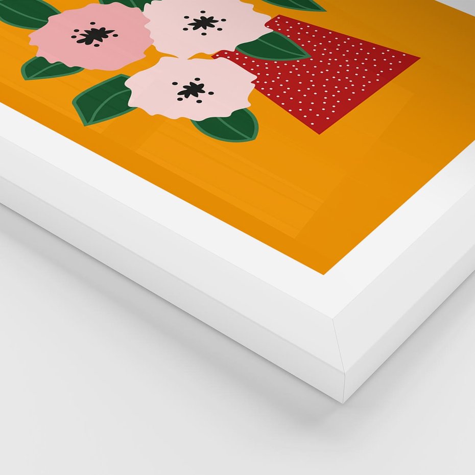 Plakat w ramie 40x50 - Harmonijne Granice - abstrakcyjne kwiaty, żółte tło - rama biała