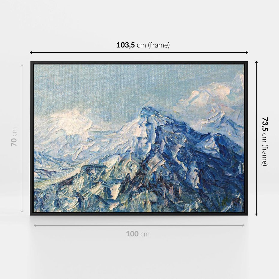 Obraz w ramie 100x70 - Majestat Błękitnych Szczytów - olejny obraz, górski pejzaż - rama czarna