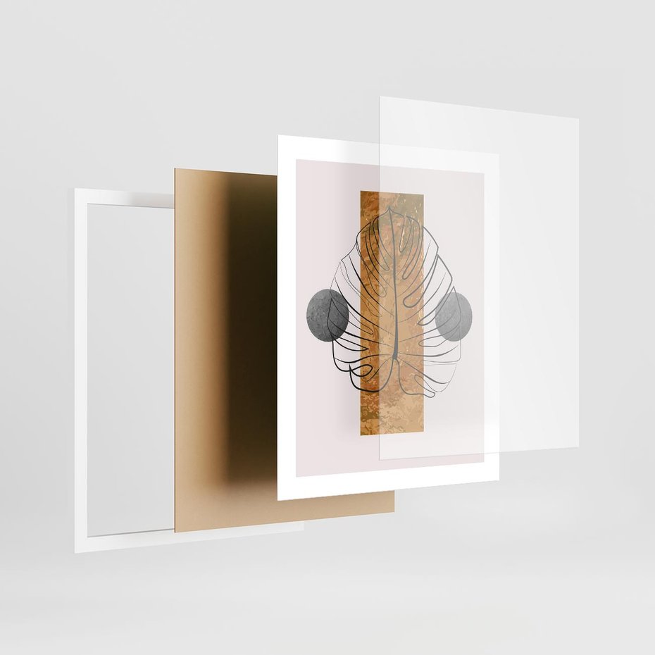 Plakat w ramie 40x50 - Minimalistyczna Monstera: Złoty Prostokąt - liść monstery, minimalizm - rama biała