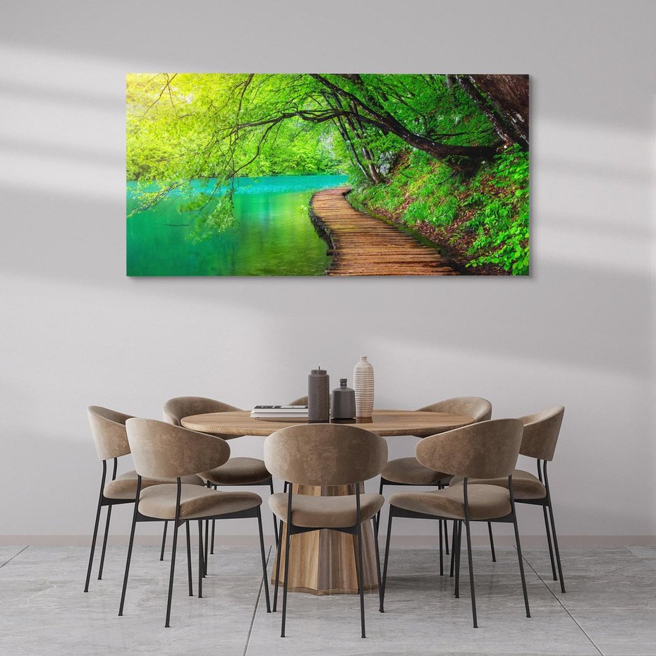 Obraz na płótnie 120x60 - Spokój nad jeziorem: Zatop się w naturze - jezioro, drzewa