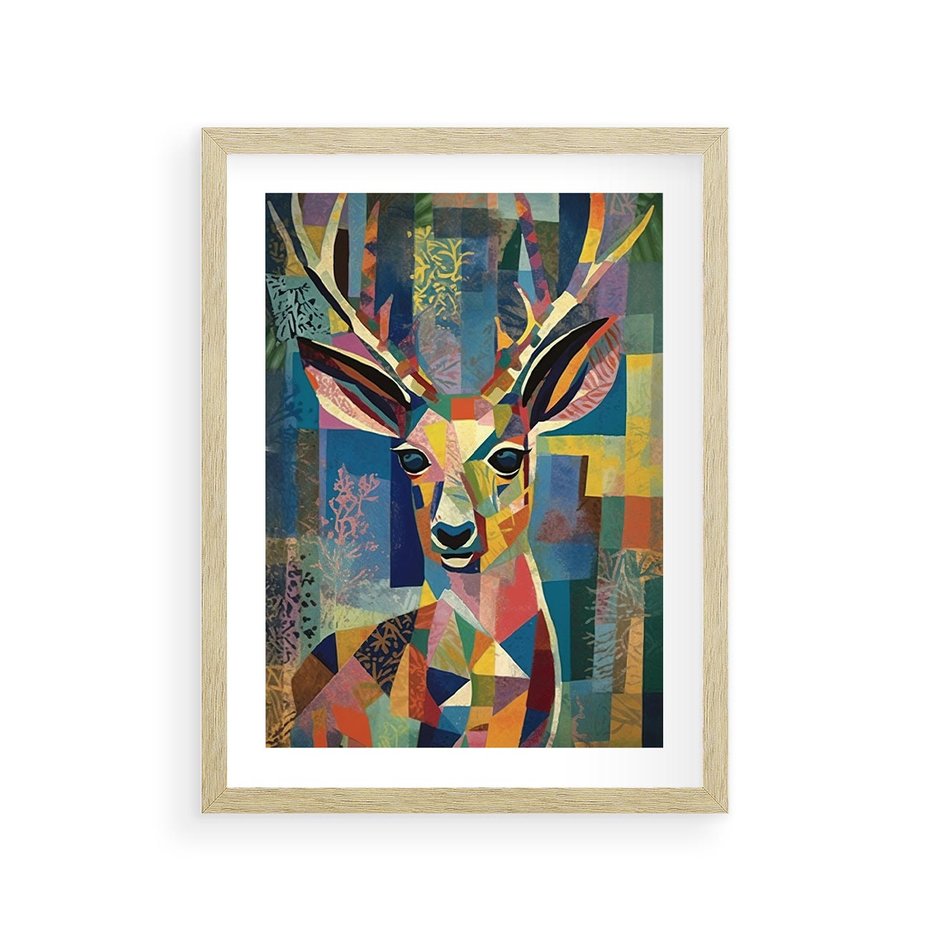 Plakat w ramie 30x40 - Bezgraniczne Kontury Zaskoczenia - abstrakcyjny obraz olejny, jeleń - rama drewno