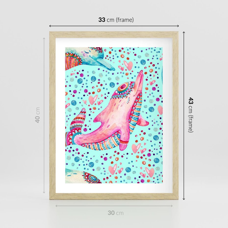 Plakat w ramie 30x40 - Lekkość W Ruchu - delfin, akwarela - rama drewno