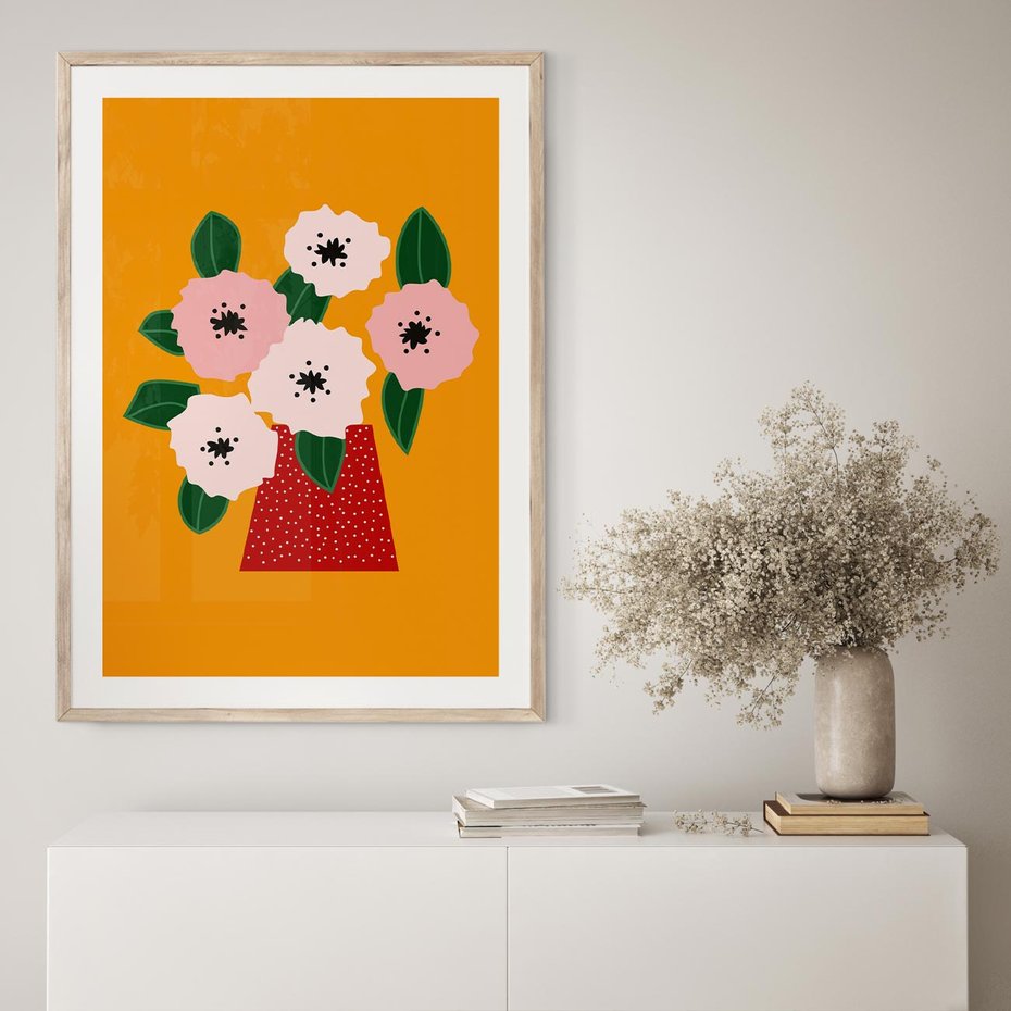 Plakat w ramie 40x50 - Harmonijne Granice - abstrakcyjne kwiaty, żółte tło - rama drewno