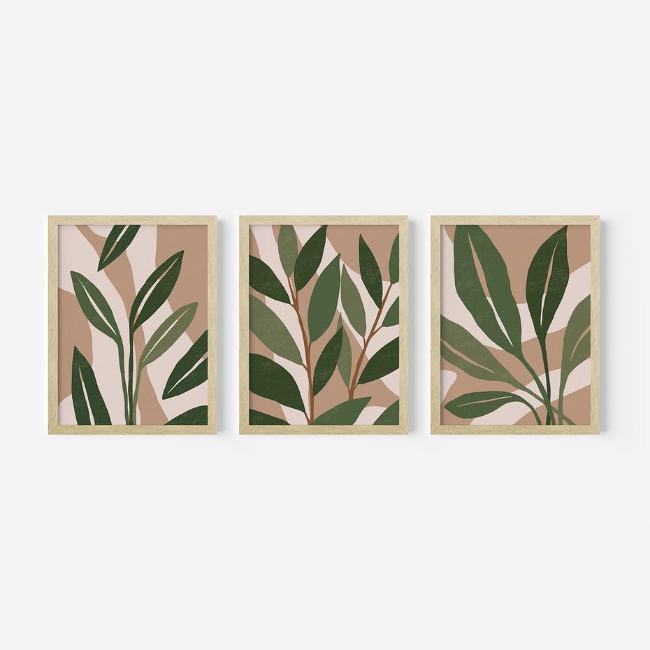 Zestaw obrazy w ramie 40x50 galeria - Liście, graficzne, boho - rama drewno