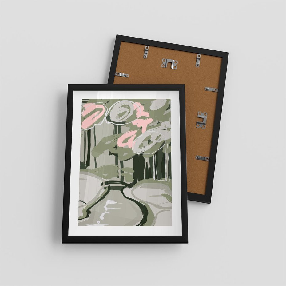 Plakat w ramie 30x40 - Leśny Zakątek - pastelowy krajobraz, nowoczesny plakat - rama czarna