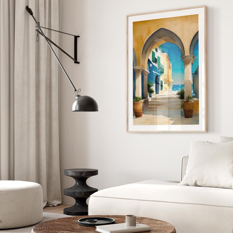 Plakat w ramie 50x70 - Nadmorskie Łuki - akwarela, śródziemnomorski klimat - rama drewno