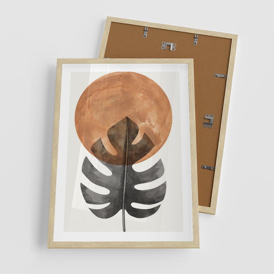 Plakat w ramie 50x70 - Natura a Sztuka - liść monstery, czarna grafika - rama drewno