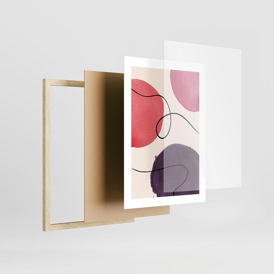 Plakat w ramie 30x40 - Migoczące Echo - abstrakcyjne akwarelowe plamy, nieregularne linie - rama drewno