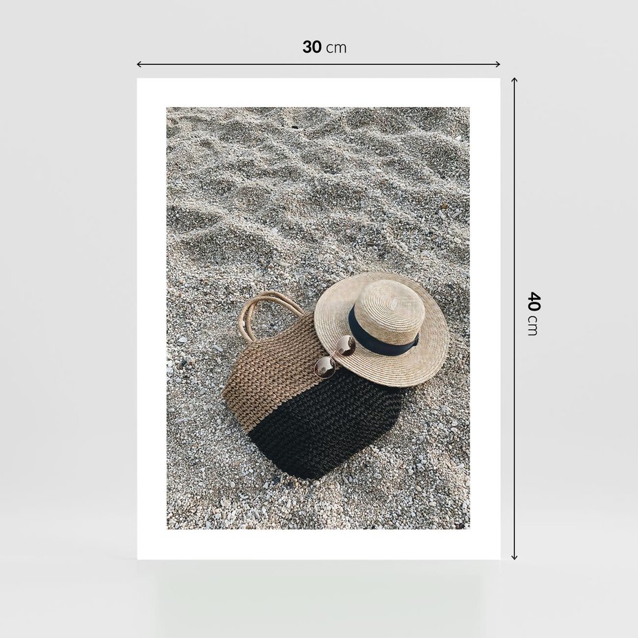 Plakat bez ramy 30x40 - Plażowe Przygotowania - torba plażowa, kapelusz