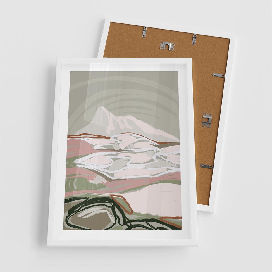 Plakat w ramie 50x70 - Szarawe Wzgórza - pastelowy krajobraz, nowoczesny plakat - rama biała