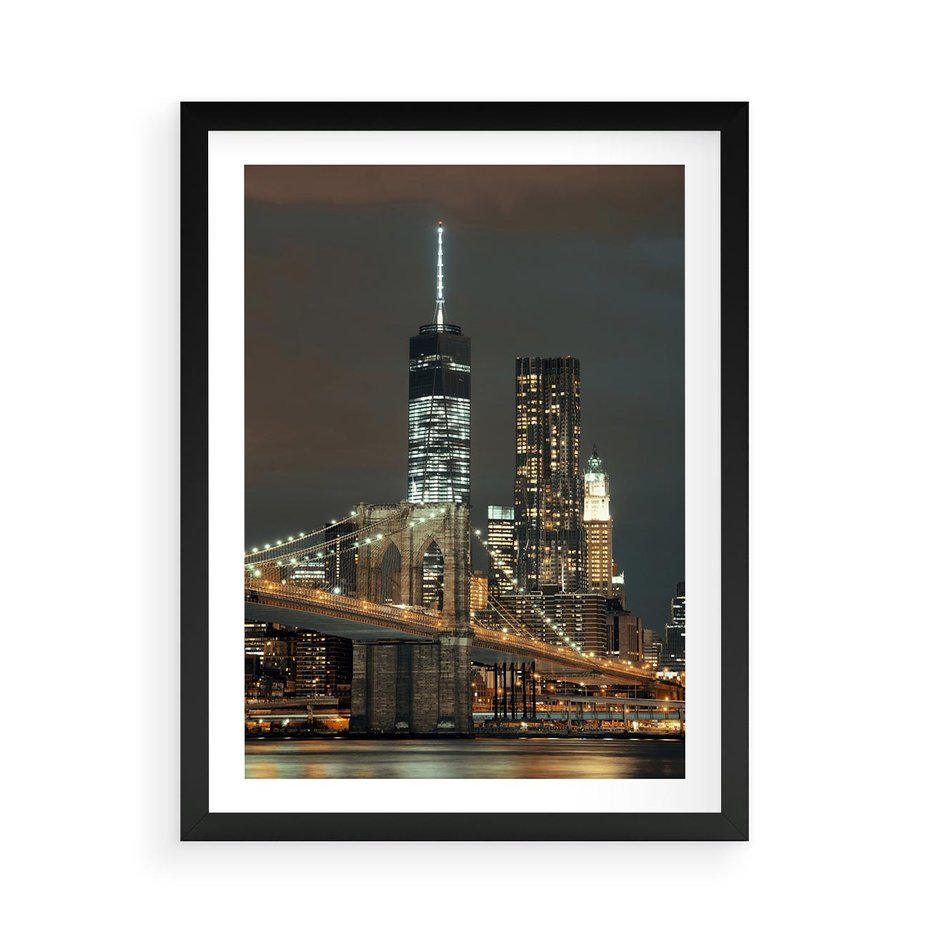 Plakat w ramie 50x70 - Miasto rozświetlone nocnym blaskiem - miasto, nocą - rama czarna