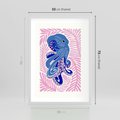 Plakat w ramie 50x70 - Rozkwitające marzenia - abstrakcyjna kompozycja, niebieska ośmiornica wśród różowej roślinnośći - rama biała