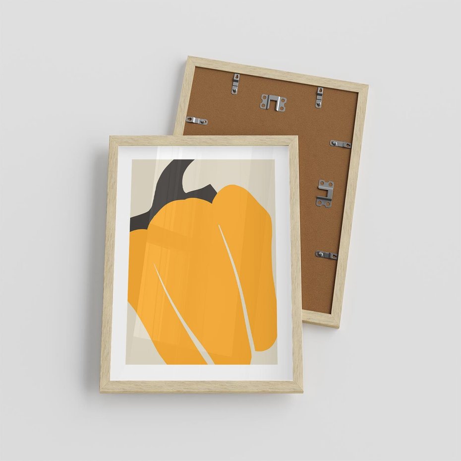 Plakat w ramie 30x40 - Migocące Formy - abstrakcyjny minimalistyczny obraz, żółta papryczka - rama drewno