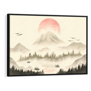 Obraz w ramie 100x70 - Przyroda Japonii - japońska akwarela, góry - rama czarna