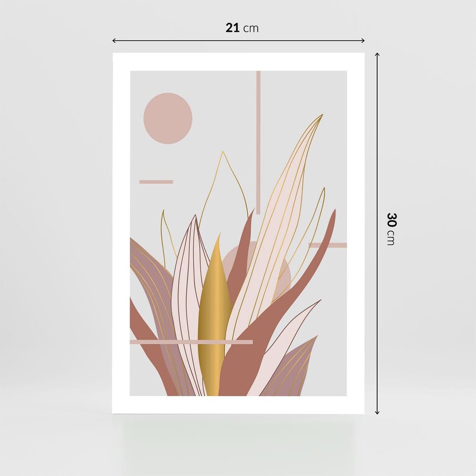 Plakat bez ramy 21x30 - Złota Grafika Liści: Wyjątkowa Dekoracja - liście, złoto