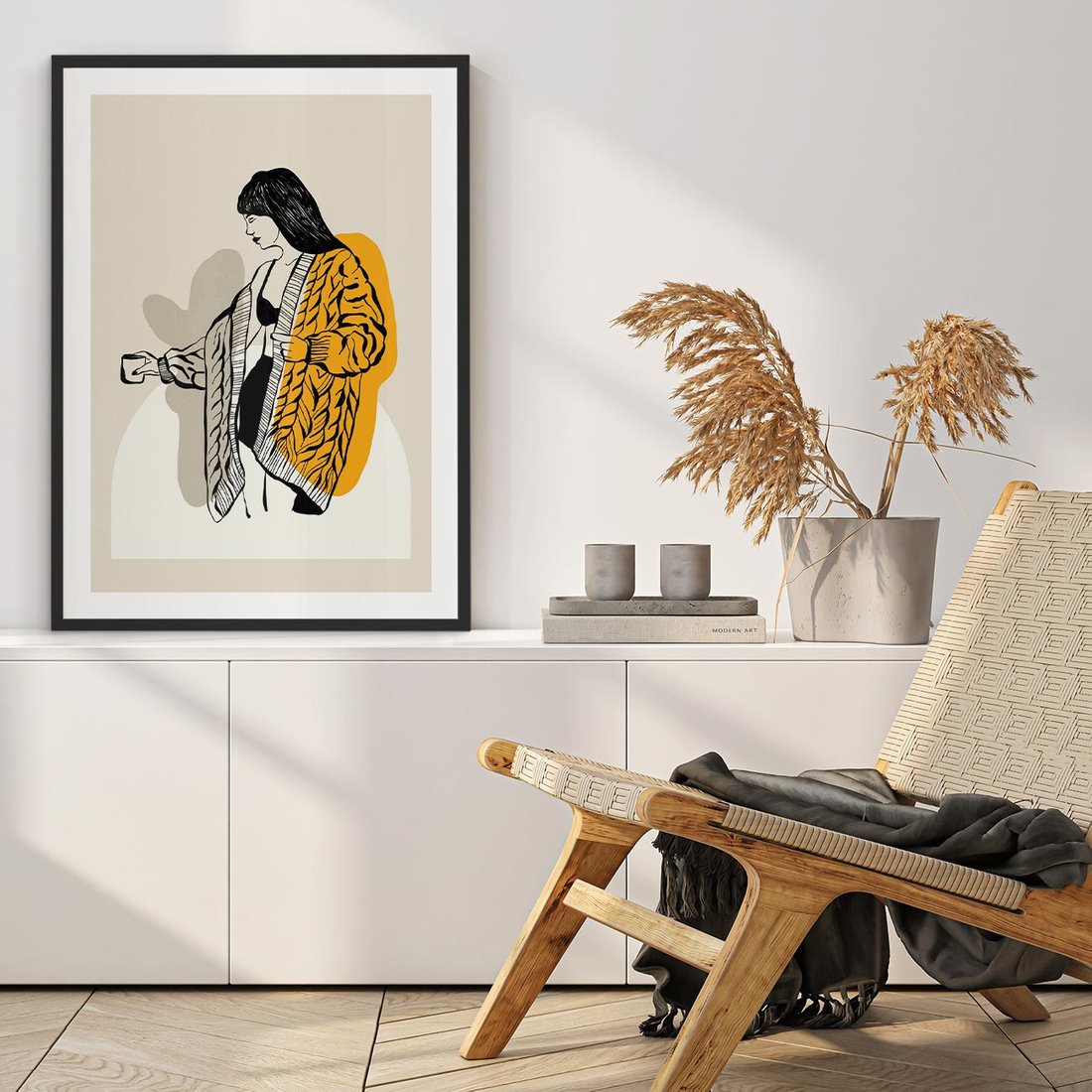 Plakat w ramie 50x70 - Żółte Akcenty w Grafice - grafika, minimalizm - rama czarna