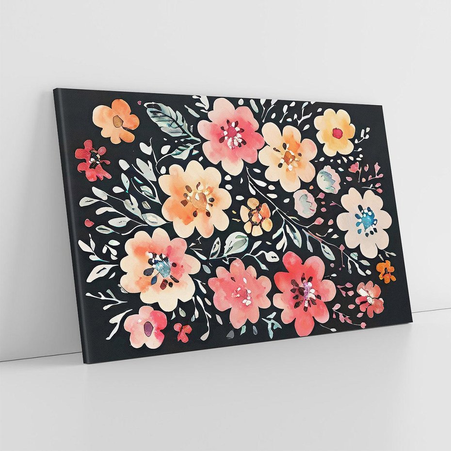 Obraz na płótnie 120x80 - Labirynty melancholii - akwarelowe, pastelowe kwiaty na czarnym tle